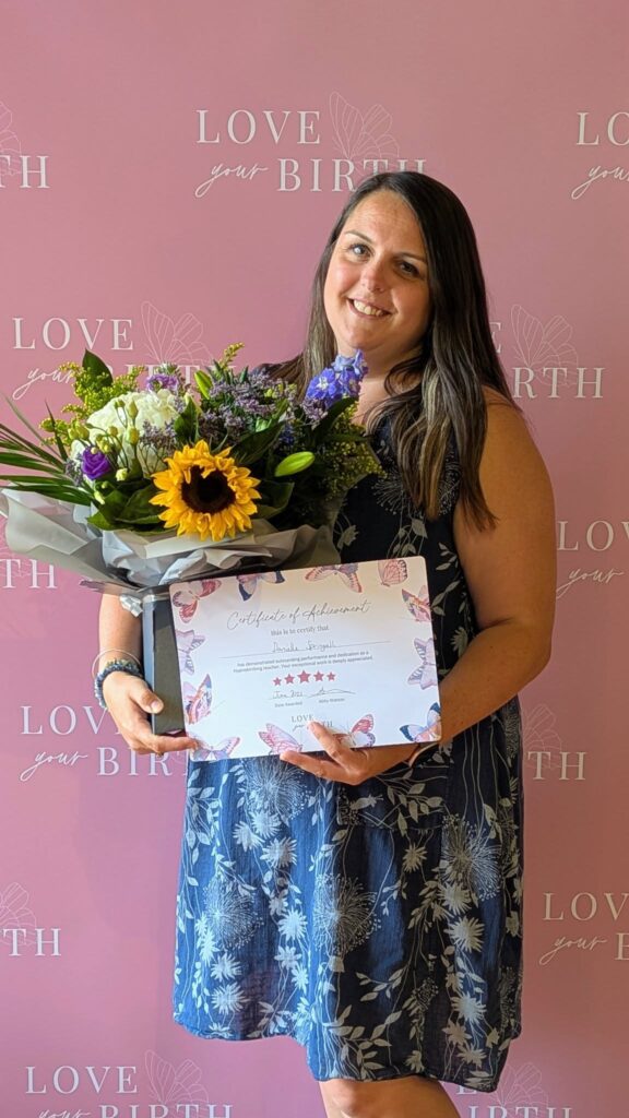 Danielle Springall receiving the Love Your Birth Recognised for Excellence award for outstanding performance and dedication.