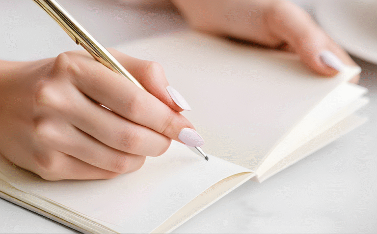 Hand writing in a soft ivory journal — symbolic reflective image for The Mama Spring Journal.